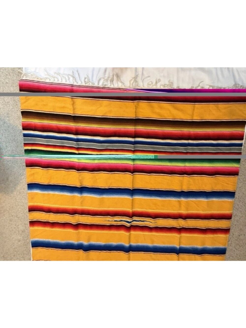 Vintage 80s Yellow Mexican Serape Blanket Colorful Stripes Boho Fringe 82" x 60 - Picture 13 of 16